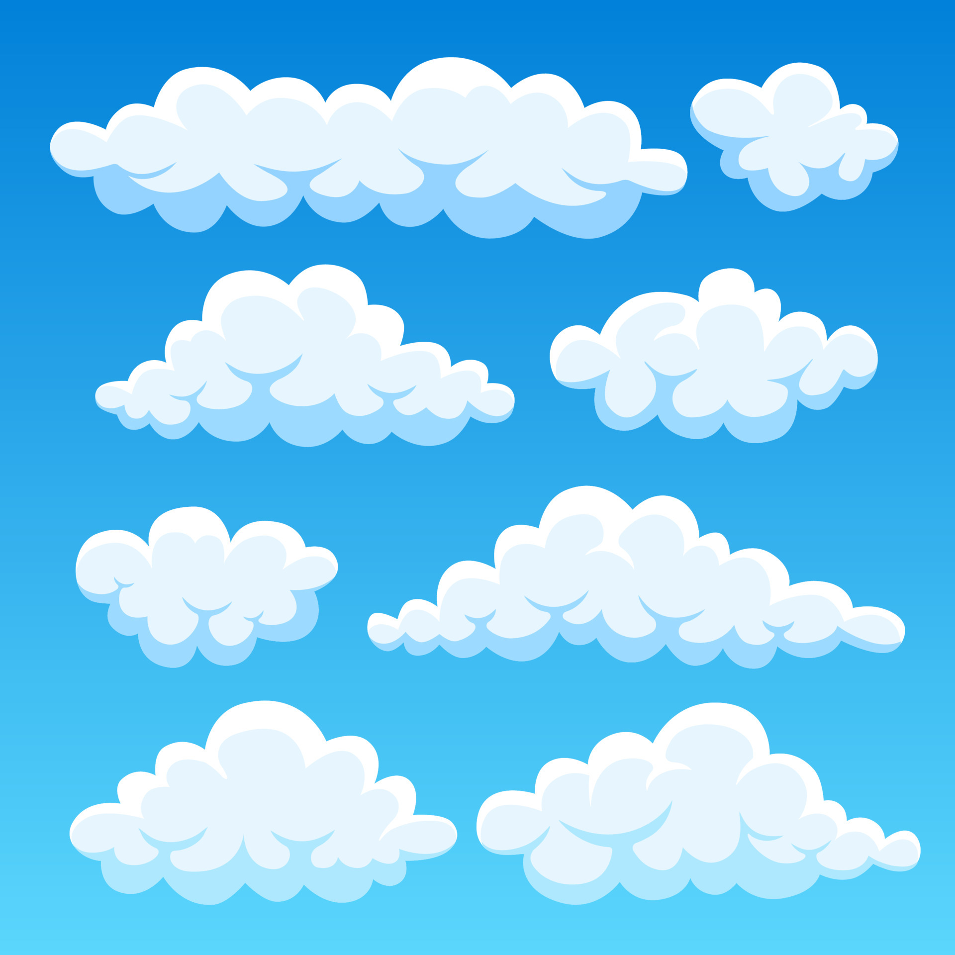 Nuages de dessin animé isolés sur la collection de panorama de ciel bleu.  Cloudscape dans le ciel bleu, illustration de nuage blanc 570474 Art  vectoriel chez Vecteezy