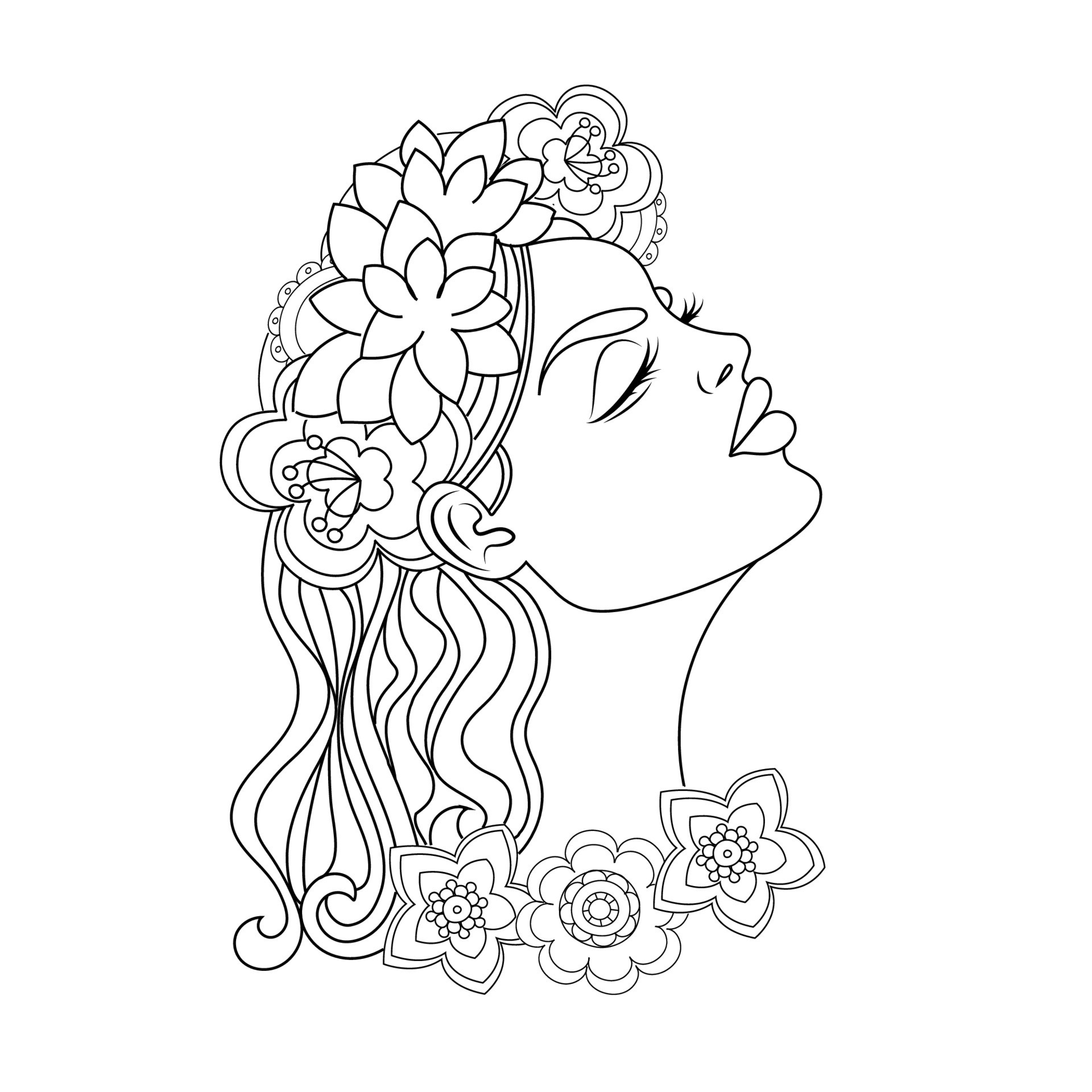 livre de coloriage pour adultes ou croquis, belle jeune fille avec une  couronne de fleurs sur la tête, contours lineart dessinés à la main, image  vectorielle 7391096 Art vectoriel chez Vecteezy