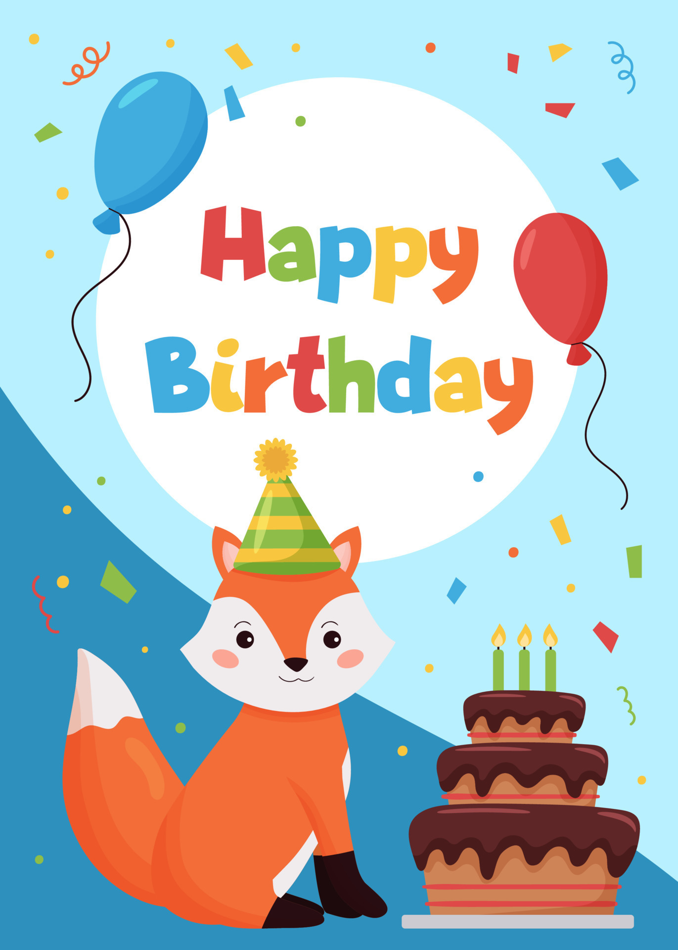 carte de voeux joyeux anniversaire pour les enfants. animaux de la forêt.  renard de dessin animé avec gâteau et ballons. idéal pour les cartes  postales, les invitations, les affiches et les bannières.