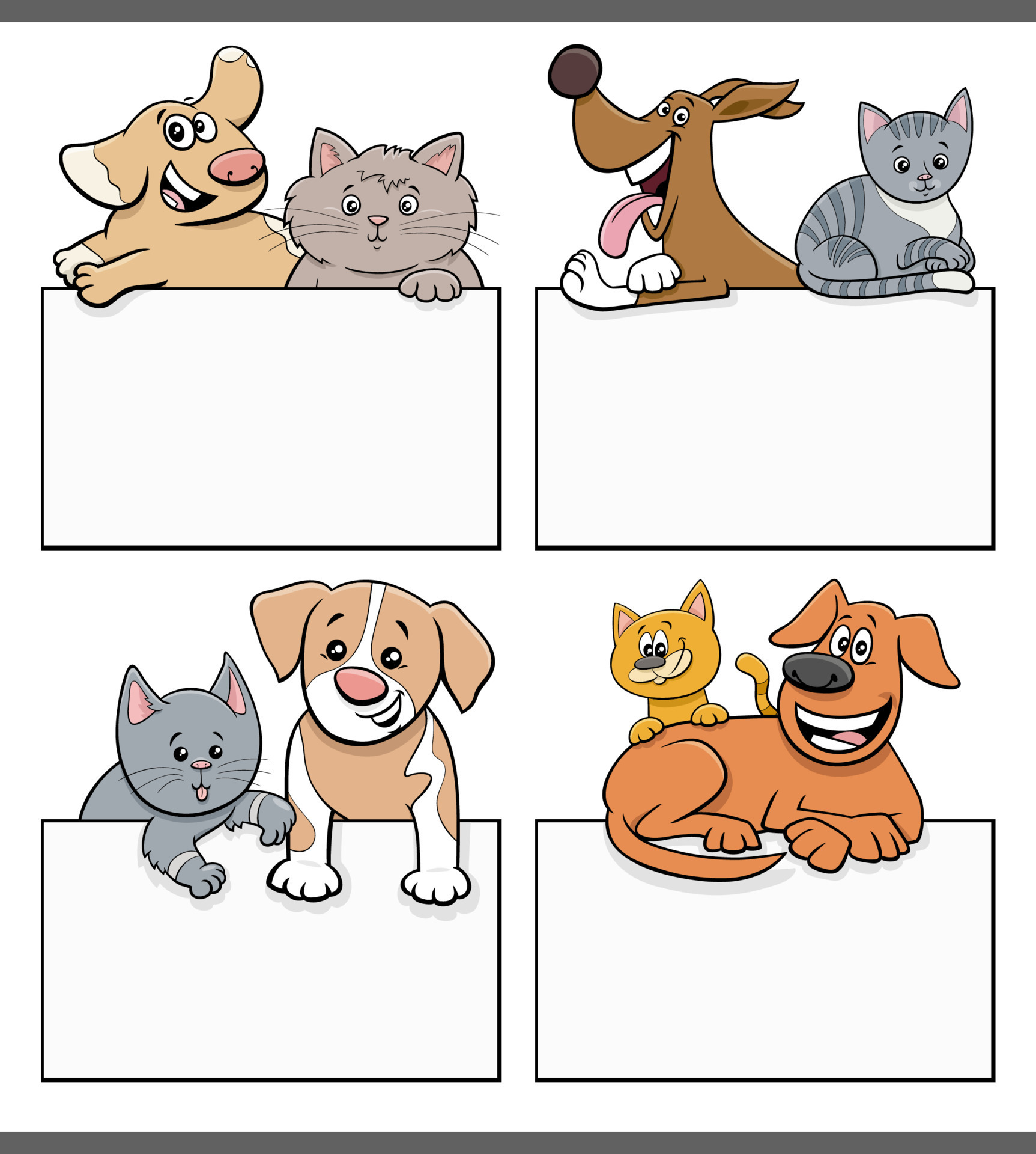 chats et chiens de dessin animé avec jeu de conception de carte ou de  tableau vierge 7817480 Art vectoriel chez Vecteezy