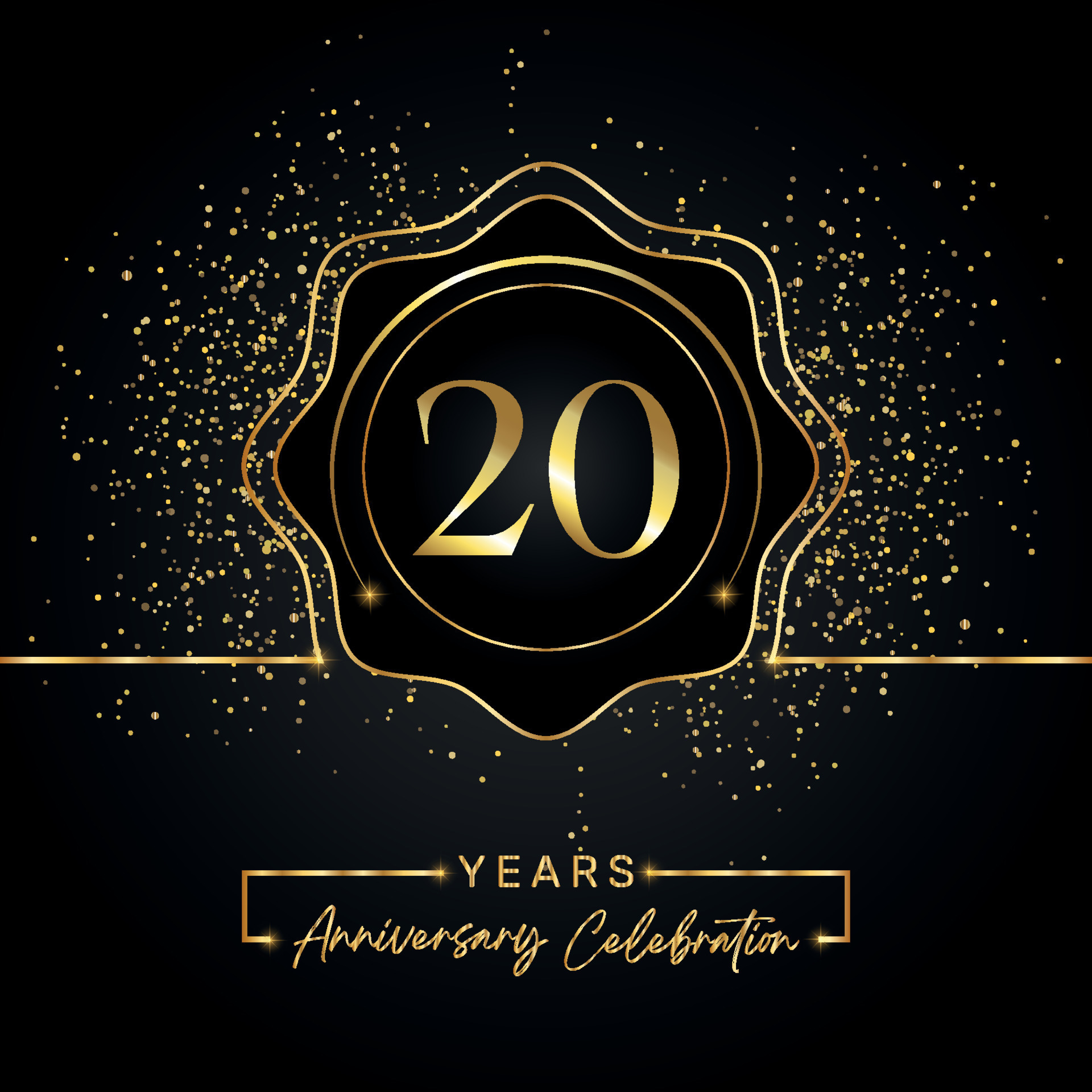 Célébration de l'anniversaire de 20 ans avec cadre étoile doré isolé sur  fond noir. création vectorielle pour carte de voeux, fête d'anniversaire,  mariage, fête d'événement, carte d'invitation. Logo anniversaire 20 ans.  7970204