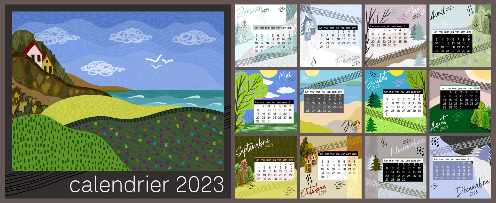 Calendrier mural 2023 13 mois - 27 x 21 cm - paysages de france