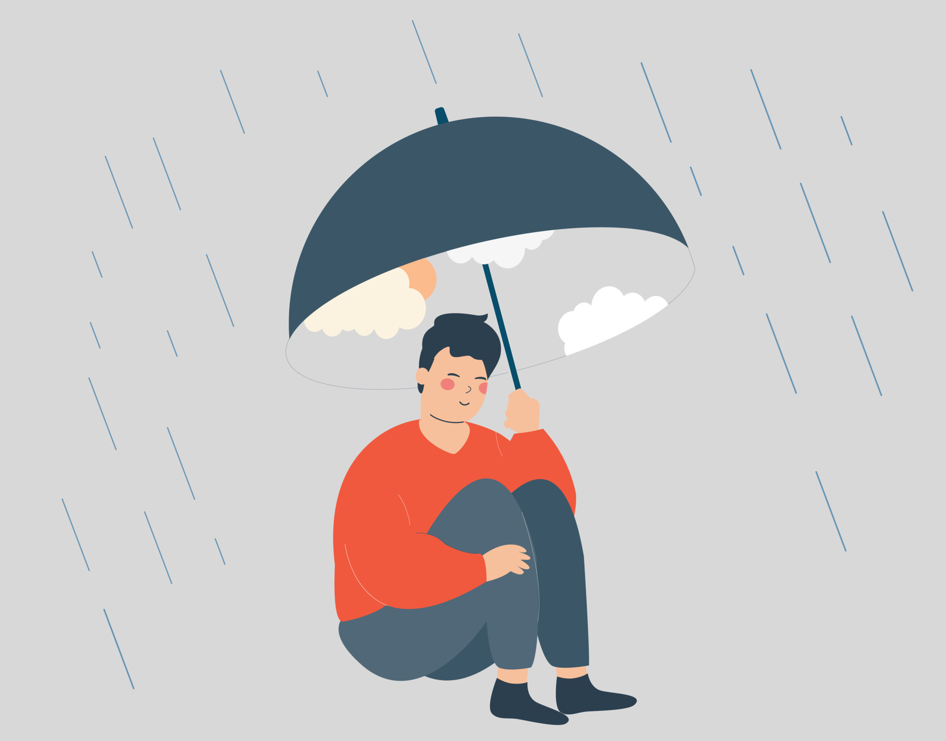 l'homme utilise un parapluie avec un ciel et du soleil pour se protéger de  la pluie et a l'air heureux et détendu. monde intérieur et concept  d'amélioration de la santé mentale. illustration