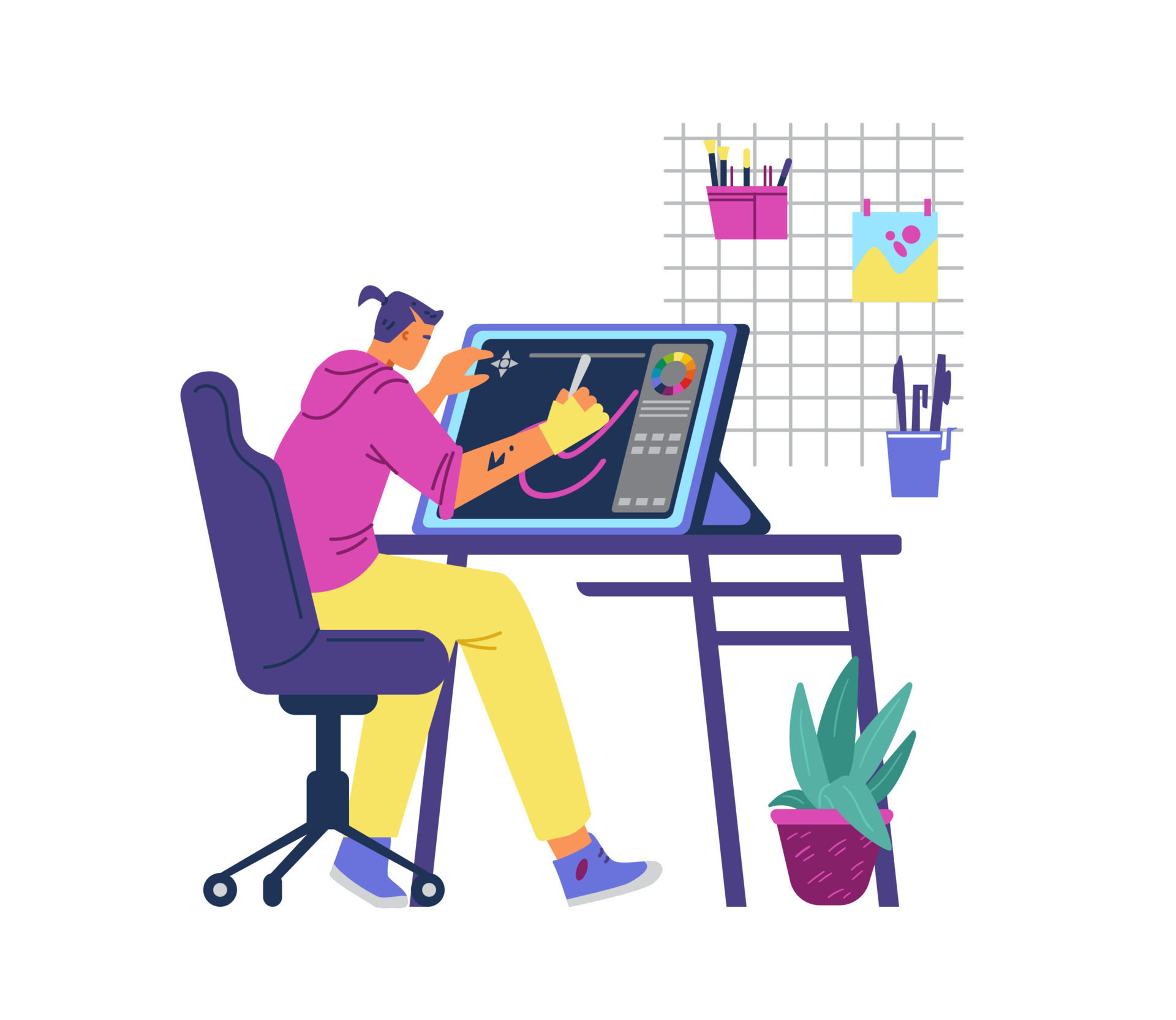 Jeune Concepteur Adulte Travaillant Avec Une Tablette Graphique Au Bureau  Illustration Stock - Illustration du inspiration, palette: 165287104