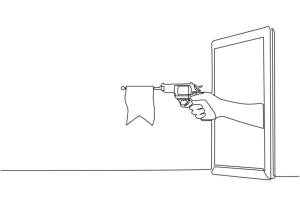 une ligne continue dessinant une main tenant un pistolet jouet avec un  drapeau vide via un téléphone portable. concept de jeux vidéo, e-sport,  application de divertissement pour smartphones. vecteur de conception de