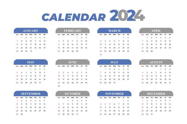 Vecteur De Modèle De Calendrier 2024, Calendrier Annuel De 12 Mois