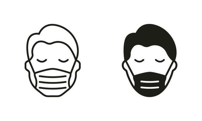 homme dans visage masque ligne et silhouette icône ensemble. médical visage  protection masque couverture bouche et nez de Humain symbole collection.  porter respirateur contre virus, poussière, allergie. isolé vecteur  illustration. 26488805 Art vectoriel