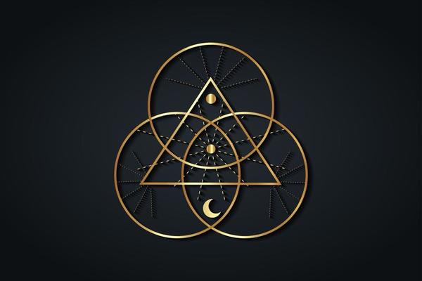 triple lune magique. symbole d'or de la divinité viking, géométrie sacrée  celtique, logo wiccan, triangles ésotériques d'alchimie. illustration  vectorielle d'objet d'occultisme spirituel isolée sur fond argenté 8934099  Art vectoriel chez Vecteezy