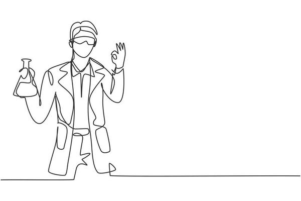 dessin d'une seule ligne d'un homme scientifique avec un geste d'accord et  tenant un tube de mesure pour examiner une solution chimique pour fabriquer  un vaccin. illustration vectorielle graphique de conception de