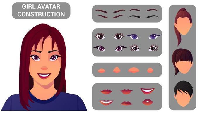 Création D'avatar De Construction De Visage De Fille Avec Différentes  Parties De La Tête Jeu De Dessins Animés Vectoriels De Jeune Femme Ou De  Femmes Yeux Nez Sourcils Et Lèvres Pack De Tête Pour Générateur De Visage  Isolé Sur Fond Blanc