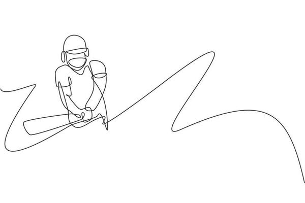 dessin au trait continu unique jeune homme agile joueur de cricket  s'entraînant à balancer l