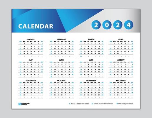 Calendrier 2024 Template Desk Calendrier 2024 Calendrier Design Ensemble De  12 Mois Mur Calendrier Poster Semaine Commence Dimanch Illustration de  Vecteur - Illustration du fond, anglais: 226071632