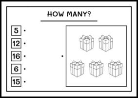 combien de coffret cadeau, jeu pour enfants. illustration vectorielle, feuille de calcul imprimable vecteur