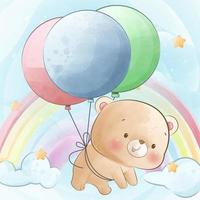 ours mignon volant avec une illustration aquarelle de dessin animé de ballons vecteur