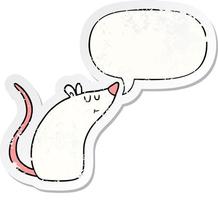 dessin animé souris blanche et bulle de dialogue autocollant en détresse vecteur