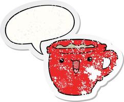 tasse à café dessin animé mignon et autocollant en détresse bulle vecteur