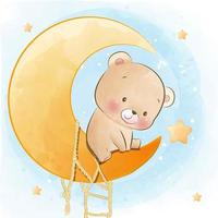 mignon petit ours assis sur l'illustration de la lune et des étoiles vecteur