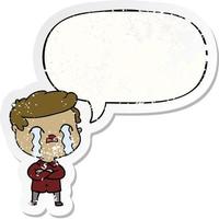 dessin animé homme pleurant et bulle de dialogue autocollant en détresse vecteur