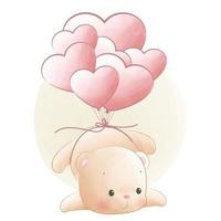 adorable ours en peluche volant avec un ballon en forme de coeur, carte d'animaux pour bébé vecteur