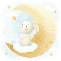 mignon petit lapin assis dans le nuage avec un personnage de douche de bébé étoile vecteur