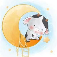 mignonne petite vache assise sur l'illustration de dessin animé aquarelle lune et étoile vecteur