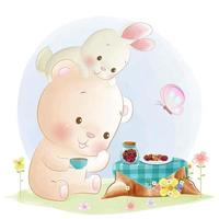 mignon ours en peluche et petit lapin tea party vecteur