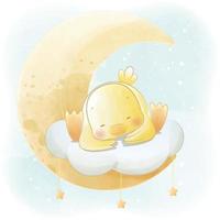 mignon bébé canard dormant sur la lune dessin animé animal aquarelle illustration vecteur