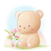 illustration de dessin animé mignon ours en peluche et fleurs vecteur