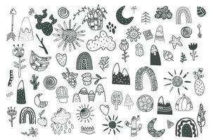 éléments pour enfants scandinaves. plantes de doodle de style scandi, animaux, fruits, montagnes, ensemble de vecteurs arc-en-ciel. vecteur