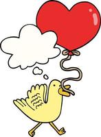 oiseau de dessin animé avec ballon coeur et bulle de pensée vecteur