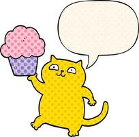 chat de dessin animé et cupcake et bulle de dialogue dans le style de la bande dessinée vecteur