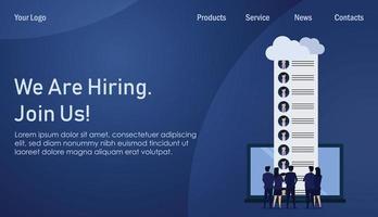 l'équipe d'hommes d'affaires voit le candidat de l'entretien d'embauche en ligne sur le cloud. modèle de page de destination d'entreprise. vecteur