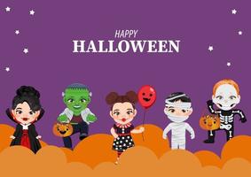 bannière de fête d'halloween ou arrière-plan avec des enfants heureux en vecteur de costumes d'halloween