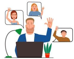 illustration d'une réunion virtuelle avec différentes personnes qui se disent bonjour. le concept d'une réunion en ligne avec de jeunes hommes et femmes. vecteur