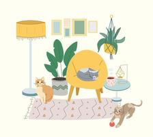 illustration plate d'un salon scandinave confortable avec des plantes et des chats vecteur
