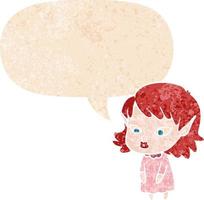 fille elfe de dessin animé avec des oreilles pointues et une bulle de dialogue dans un style texturé rétro vecteur
