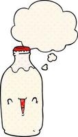bouteille de lait de dessin animé mignon et bulle de pensée dans le style de la bande dessinée vecteur
