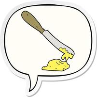 couteau de dessin animé répandant du beurre et un autocollant de bulle de dialogue vecteur