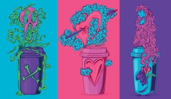 poison du café. potion d'amour. élixir de jeunesse. définir des illustrations d'une tasse de café avec des composants toxiques. illustration en couleur.