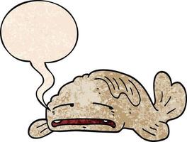dessin animé triste vieux poisson et bulle de dialogue dans un style de texture rétro vecteur