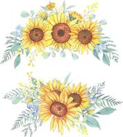 bouquets de tournesols et de fleurs sauvages. composition aquarelle vecteur