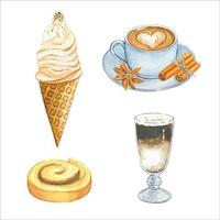 ensemble d'une tasse de café, de glaces, de pâtisseries et d'une boisson au café, aquarelle vecteur