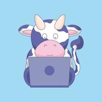 mignon, vache, regarder film, sur, ordinateur portable, vecteur, illustration vecteur