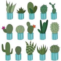 placez de jolis cactus doodle dans des pots bleus. illustration vectorielle avec de jolies plantes d'intérieur. lot de 15 plantes vecteur