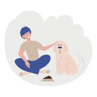 un homme et un chien. un garçon caresse un chien mignon. J'adore les animaux. chien. illustration d'un symbole plat. parfait pour les jeux, les livres, les t-shirts, les cartes postales, les impressions, les affiches, les décorations, les textiles vecteur