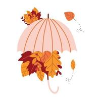 parapluie d'automne. illustration dessinée à la main d'un parapluie de mode, bouquet de feuilles d'automne. éléments isolés sur fond blanc vecteur