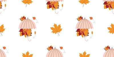motif d'automne avec des feuilles de saison colorées et un parapluie. vecteur
