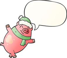 cochon de dessin animé portant un chapeau de noël et une bulle de dialogue dans un style de dégradé lisse vecteur