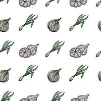 motif d'épices sans soudure, élément dessiné dans un style doodle. culinaire, cuisine. herbes et épices - plumes d'oignon, d'ail et d'oignon vert. motif dans un style linéaire à la mode et une palette verte vecteur