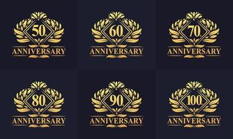 ensemble de logo anniversaire rétro vintage. ensemble luxueux de logo d'anniversaire d'or. 50e, 60e, 70e, 80e, 90e, 100e ensemble de logos joyeux anniversaire. vecteur